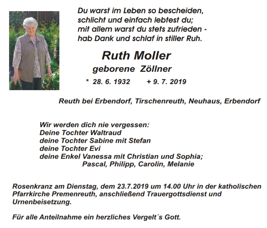 Traueranzeige Ruth Moller, Reuth bei Erbendorf