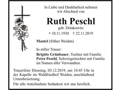 Traueranzeige Ruth Peschl, Mantel