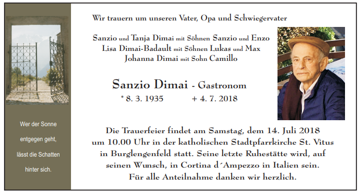 Traueranzeige Sanzio Dimai, Burglengenfeld
