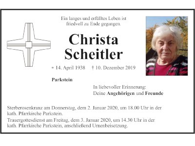 Traueranzeige Christa Scheitler, Parkstein