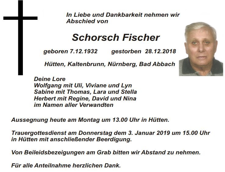 Traueranzeige Schorsch Fischer, Hütten
