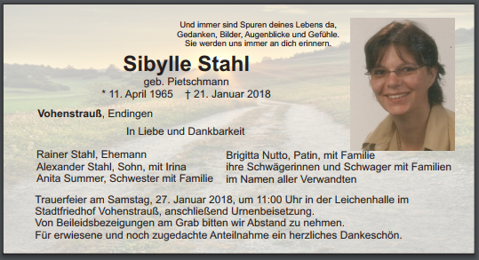 Traueranzeige Sibylle Stahl, Vohenstrauß
