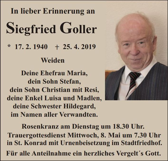 Traueranzeige Siegfried Goller, Weiden