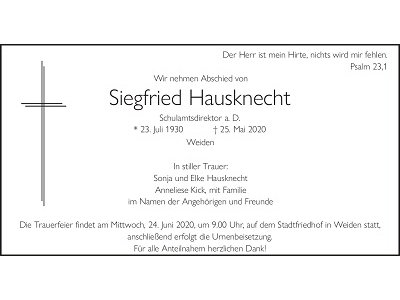 Traueranzeige Siegfried Hausknecht, Weiden