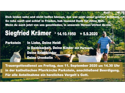 Traueranzeige Siegfried Krämer, Parkstein