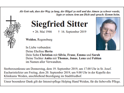 Traueranzeige Siegfried Sitter, Weiden
