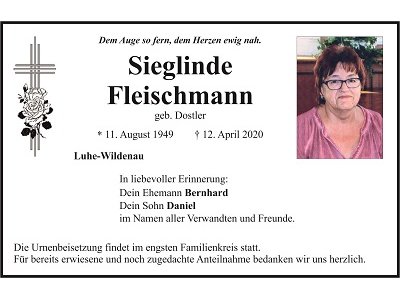 Traueranzeige Sieglinde Fleischmann, Luhe-Wildenau