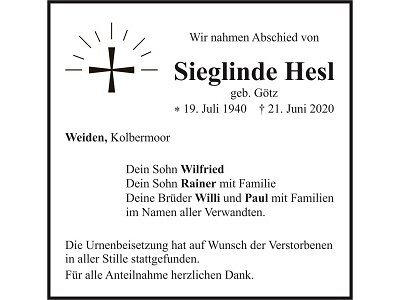 Traueranzeige Sieglinde Hesl, Weiden