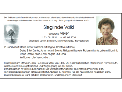 Traueranzeige Sieglinde Völkl, Erbendorf