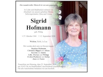 Traueranzeige Sigrid Hofmann, Weiden