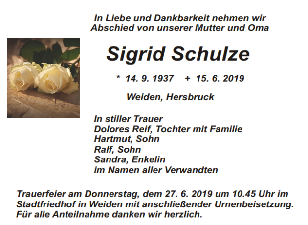 Traueranzeige Sigrid Schulze, Weiden