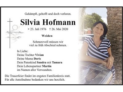 Traueranzeige Silvia Hofmann, Weiden