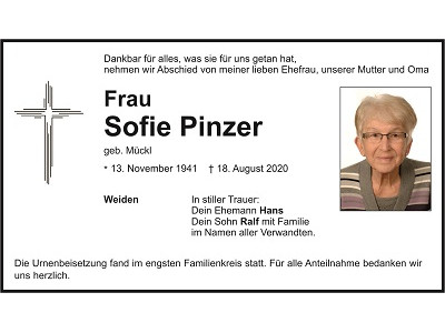 Traueranzeige Sofie Pinzer, Weiden