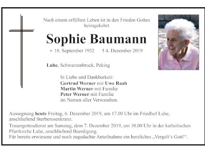 Traueranzeige Sophie Baumann, Luhe