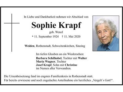 Traueranzeige Sophie Krapf, Weiden