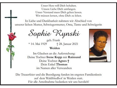 Traueranzeige Sophie Rynski, Weiden