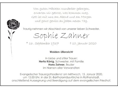 Traueranzeige Sophie Zahner, Weiden