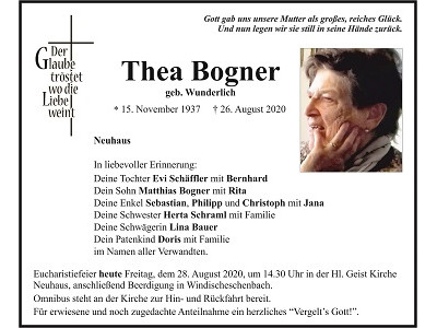 Traueranzeige Thea Bogner, Neuhaus