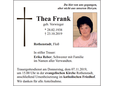 Traueranzeige Thea Frank, Rothenstadt