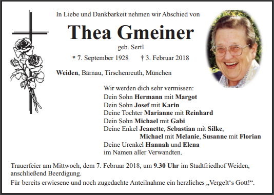 Traueranzeige Thea Gmeiner, Weiden