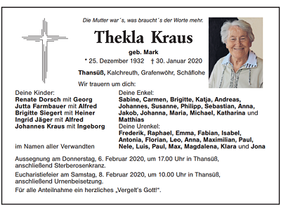 Traueranzeige Thekla Kraus, Thansüß