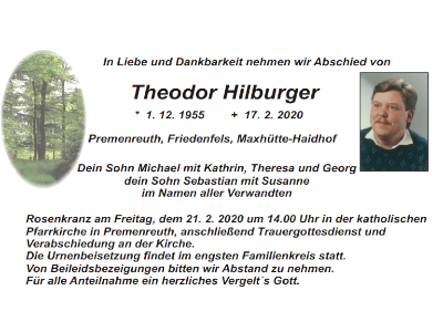 Traueranzeige Theodor Hilburger, Premenreuth