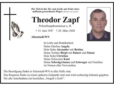 Traueranzeige Theodor Zapf, Altenstadt/WN
