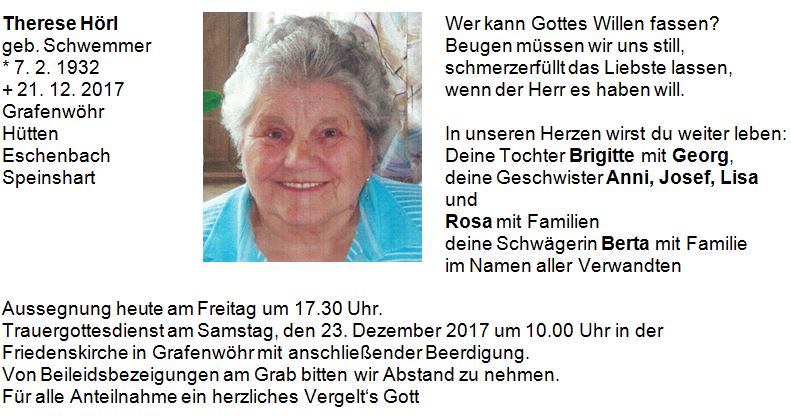 Traueranzeige Therese Hörl, Grafenwöhr