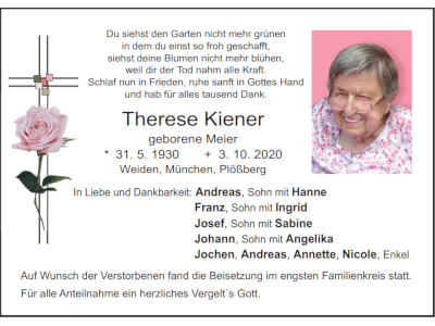 Traueranzeige Therese Kiener, Weiden