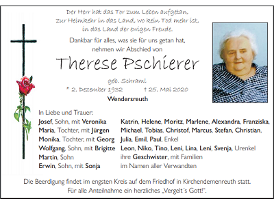 Traueranzeige Therese Pschierer, Wendersreuth