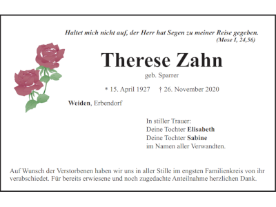 Traueranzeige Therese Zahn, Weiden