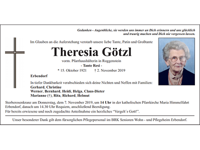 Traueranzeige Theresia Götzl, Erbendorf
