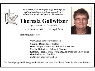 Traueranzeige Theresia Gollwitzer, Plößberg