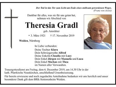 Traueranzeige Theresia Gradl, Weiden
