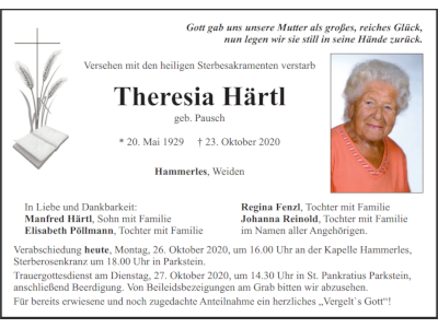 Traueranzeige Theresia Härtl, Hammerles