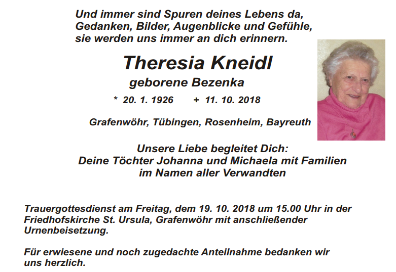 Traueranzeige Theresia Kneidl, Grafenwöhr