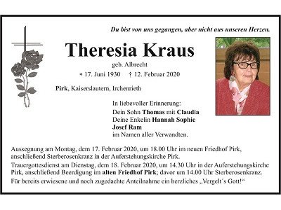 Traueranzeige Theresia Kraus, Pirk
