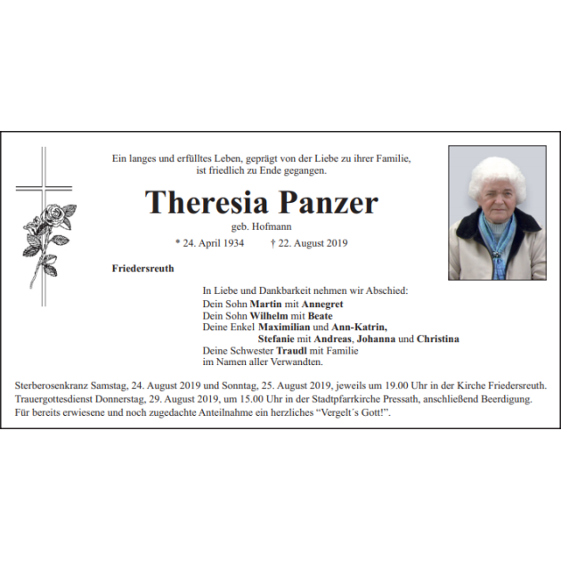 Traueranzeige Theresia Panzer, Friedersreuth