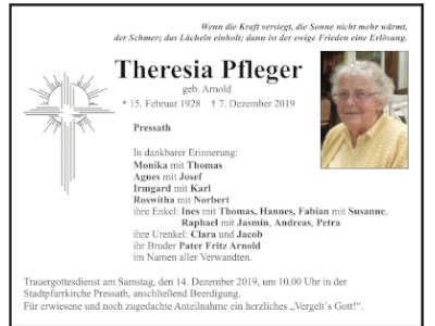 Traueranzeige Theresia Pfleger, Pressath