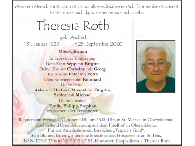 Traueranzeige Theresia Roth, Oberwildenau