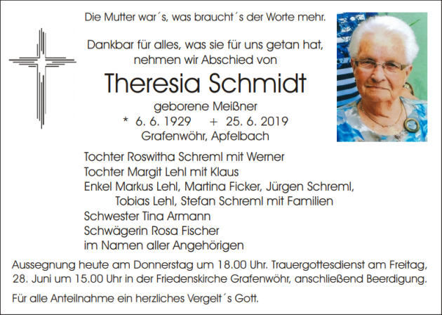 Traueranzeige Theresia Schmidt, Grafenwöhr