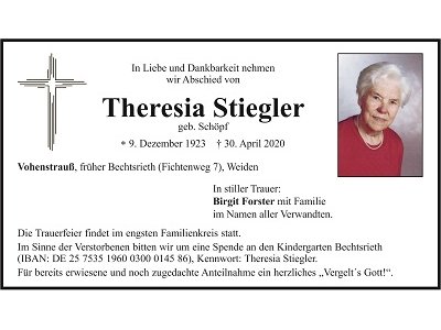 Traueranzeige Theresia Stiegler, Vohenstrauß