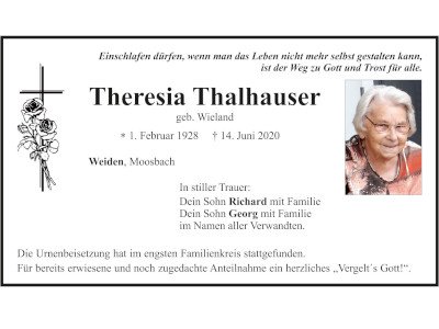 Traueranzeige Theresia Thalhauser, Weiden