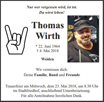 Traueranzeige Thomas Wirth, Weiden