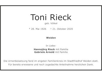 Traueranzeige Toni Rieck, Weiden