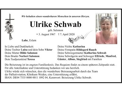 Traueranzeige Ulrike Schwab, Luhe