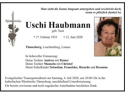 Traueranzeige Uschi Haubmann, Tännesberg