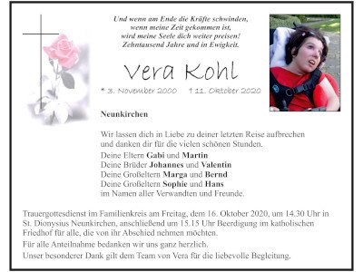 Traueranzeige Vera Kohl, Neunkirchen