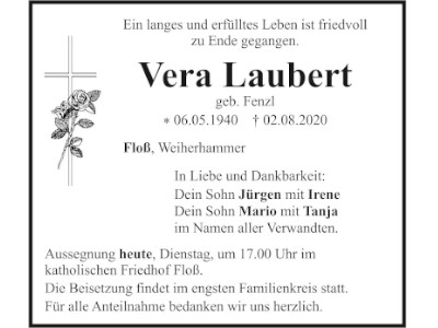 Traueranzeige Vera Laubert, Floß