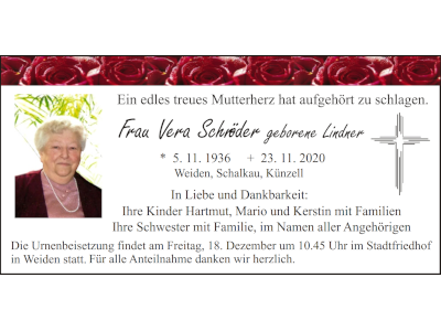 Traueranzeige Vera Schröder, Weiden